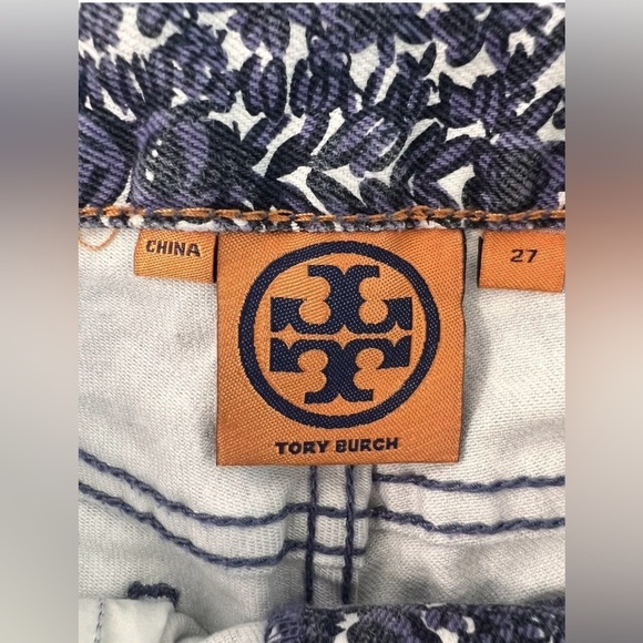 Tory Burch Ivory Super Skinny Low Rise Jeans Sz 27 Purple Floral - Picture 8 of 12